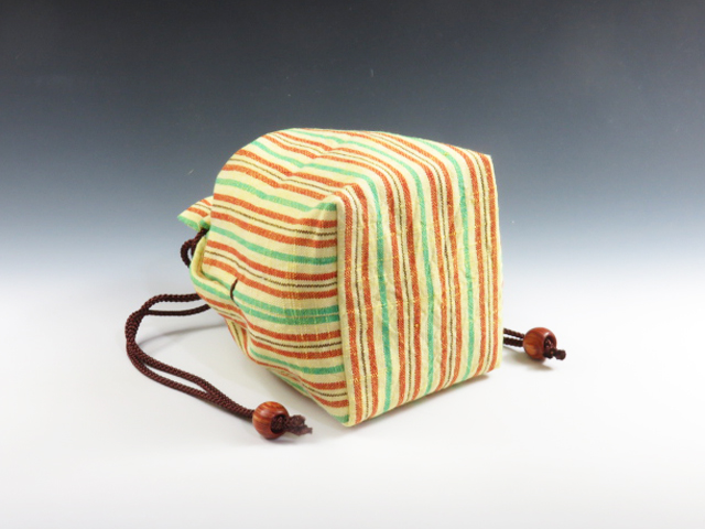 Japanese sake cup carrying pouch ("Aizu" cotton / folkcraft-looking strips)