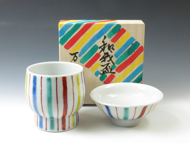 Kutani-Yaki (Ishikawa) Mansaku-Kobo Japanese sake cup (guinomi) set 3KUT0048