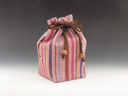 photo Japanese sake cup carrying pouch ('Aizu' cotton with reddish color strips pattern)